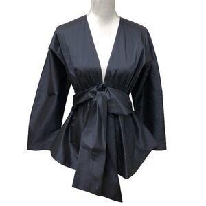 Biyan Kimono Blouse Top Womens Large Black Deep V Neck Tie Waist Elegant
